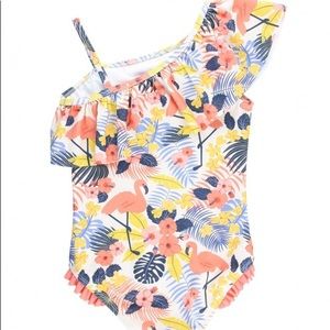 Tropical Flamingo
One Shoulder Ruffle
One Piece
Bathing Suit
Size 3T
Girls